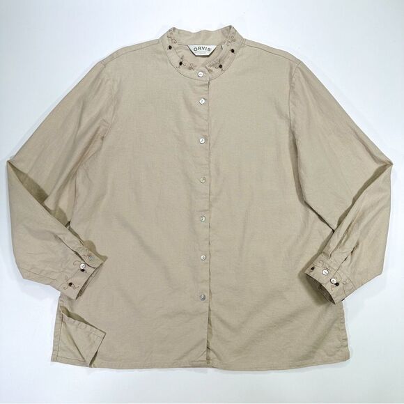 Orvis Womens Size Large Linen Blend Vintage Button Down Shirt Beaded Embroidered - Picture 2 of 11